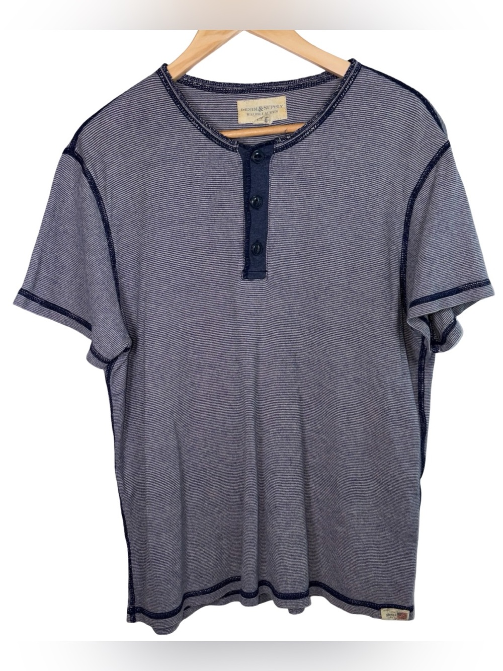 Denim & Supply Ralph Lauren blue and grey cotton henley tee mens Large